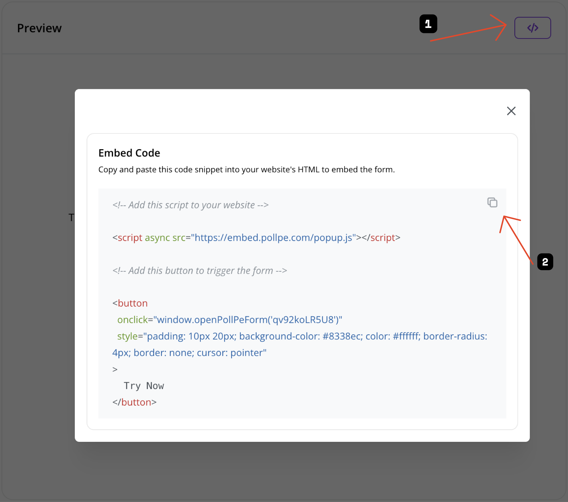 Embed Code Popup