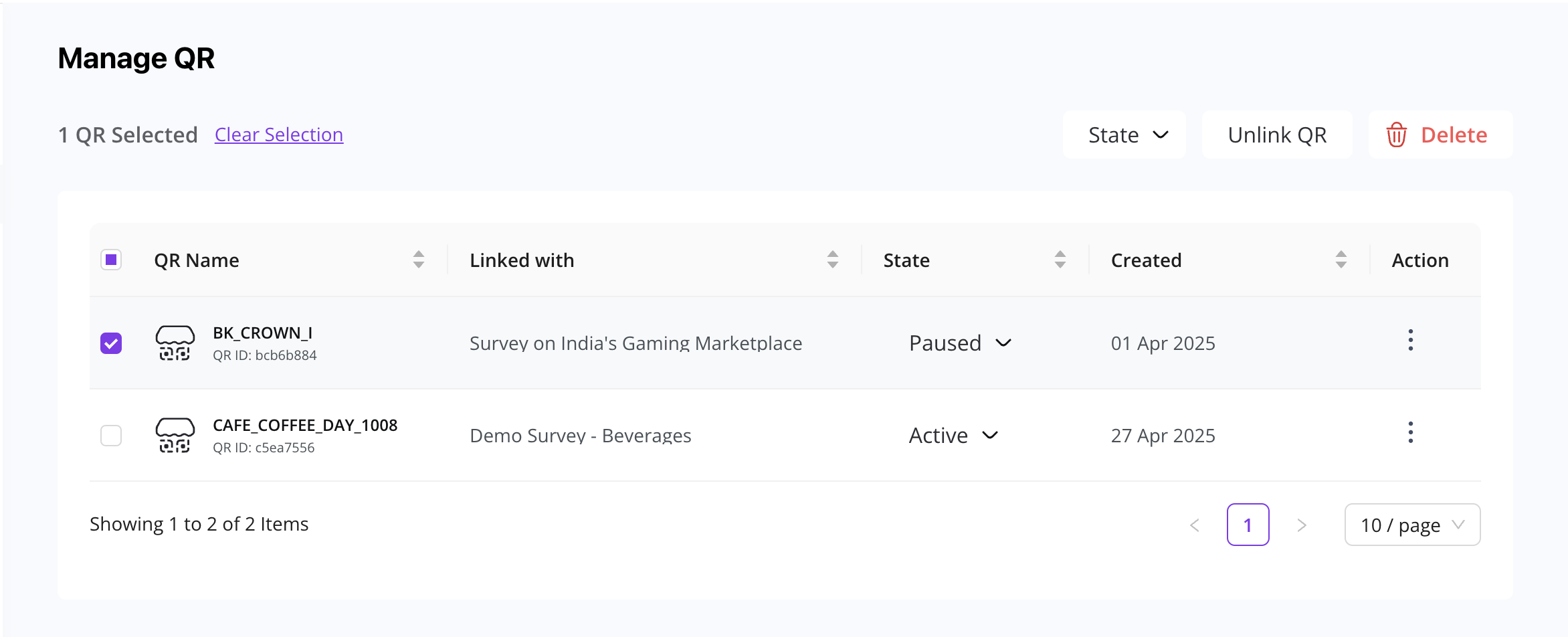 Manage QR Actions