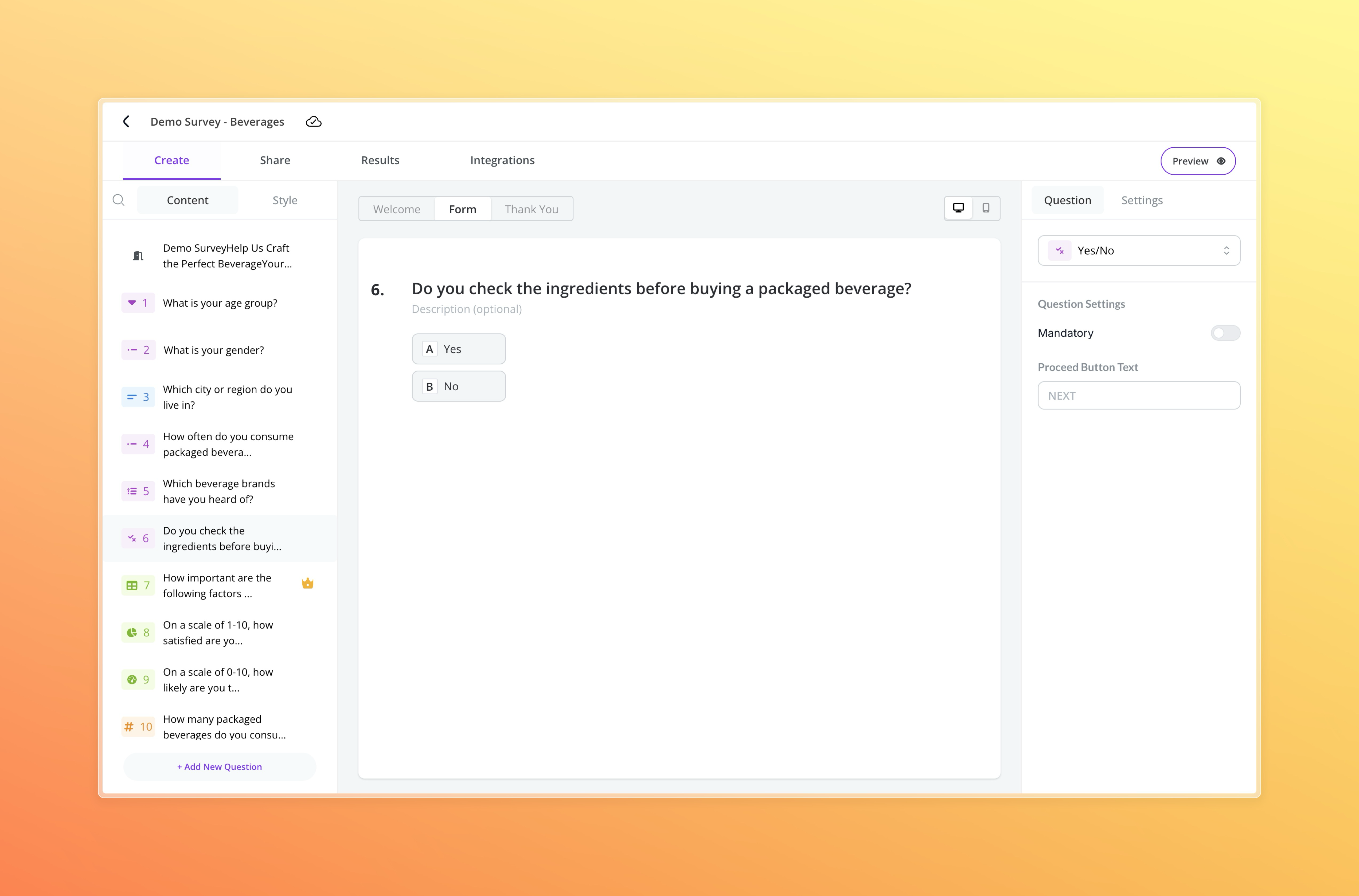 Builder View – Yes/No Question