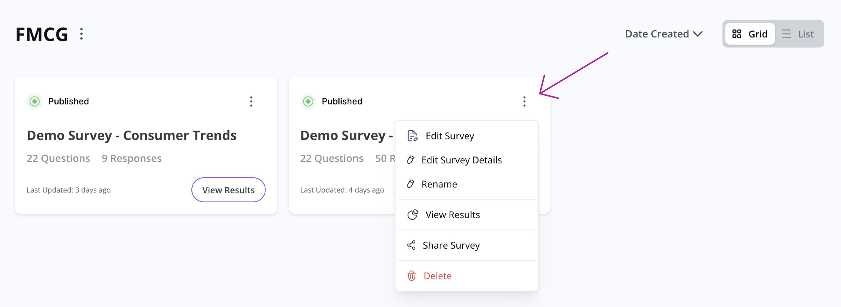 Survey Actions Menu Options
