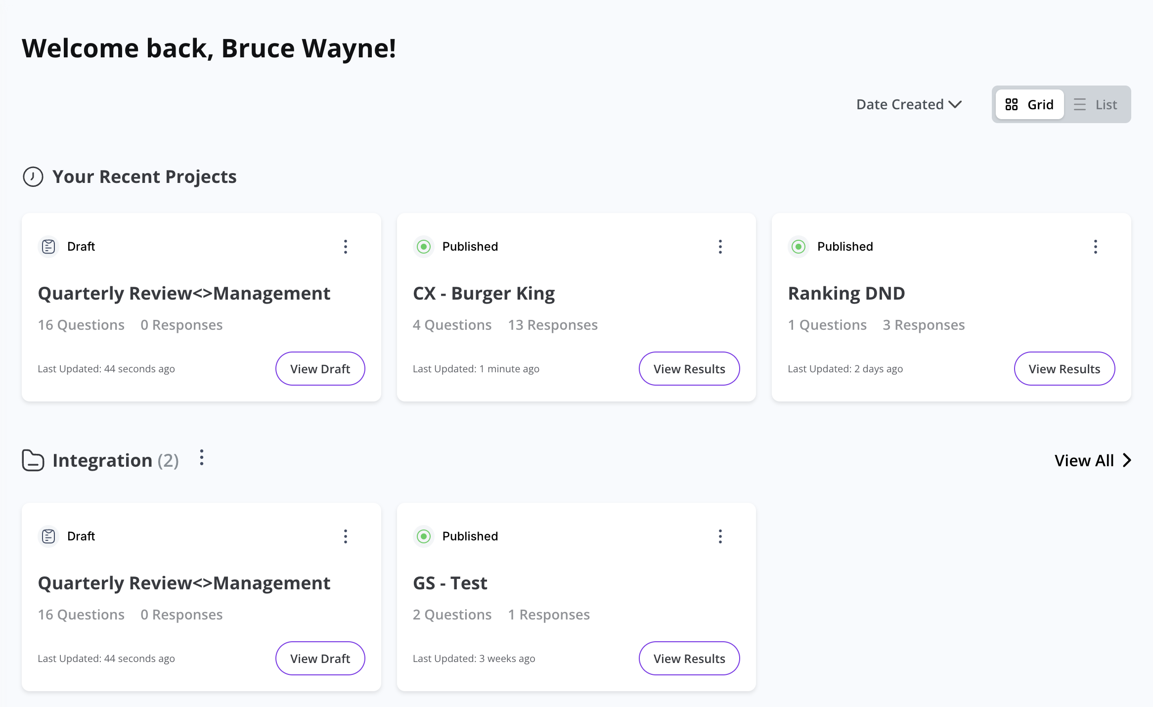 Survey Cards and Project Categories