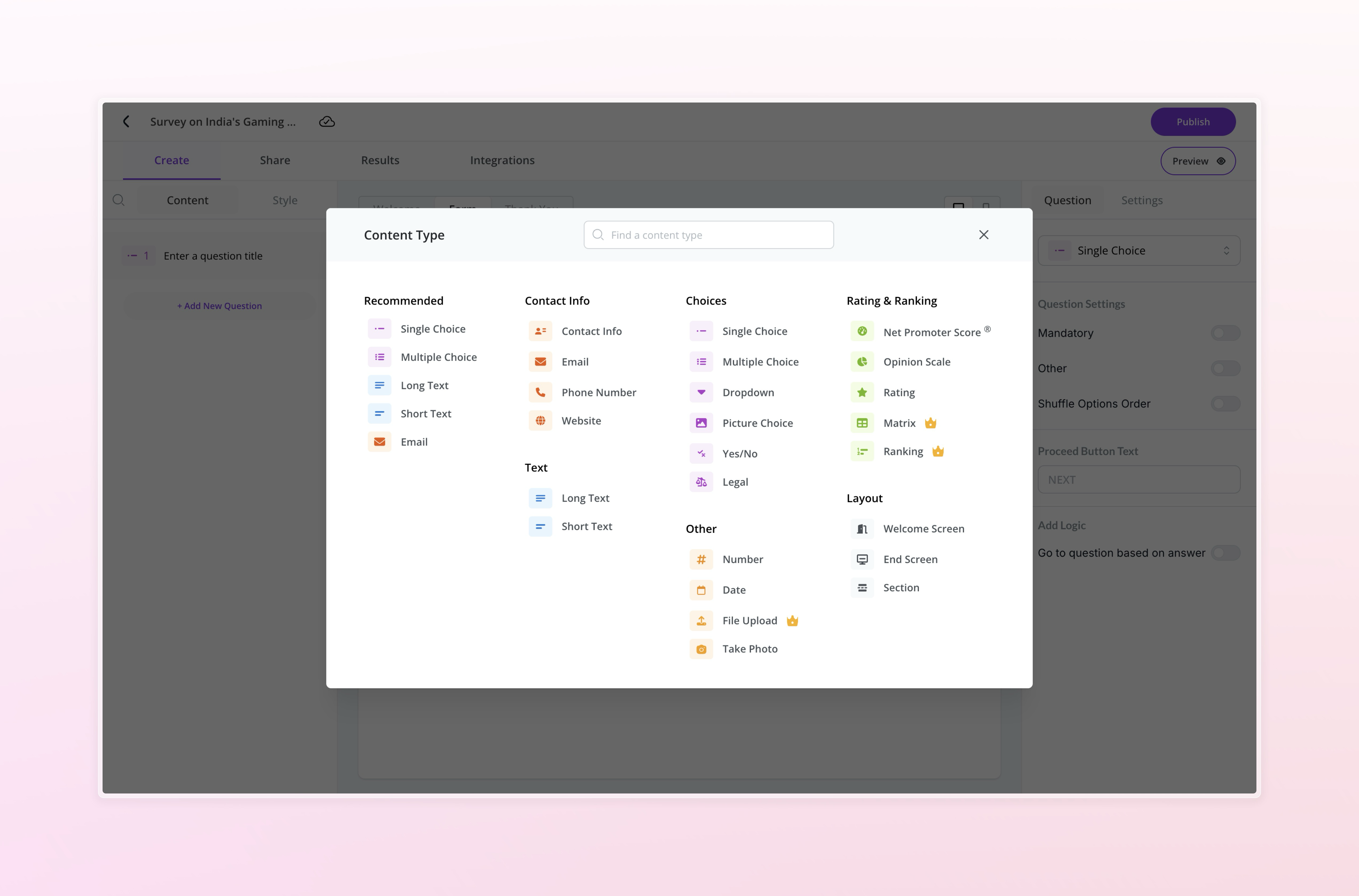 Survey Content Type Selector