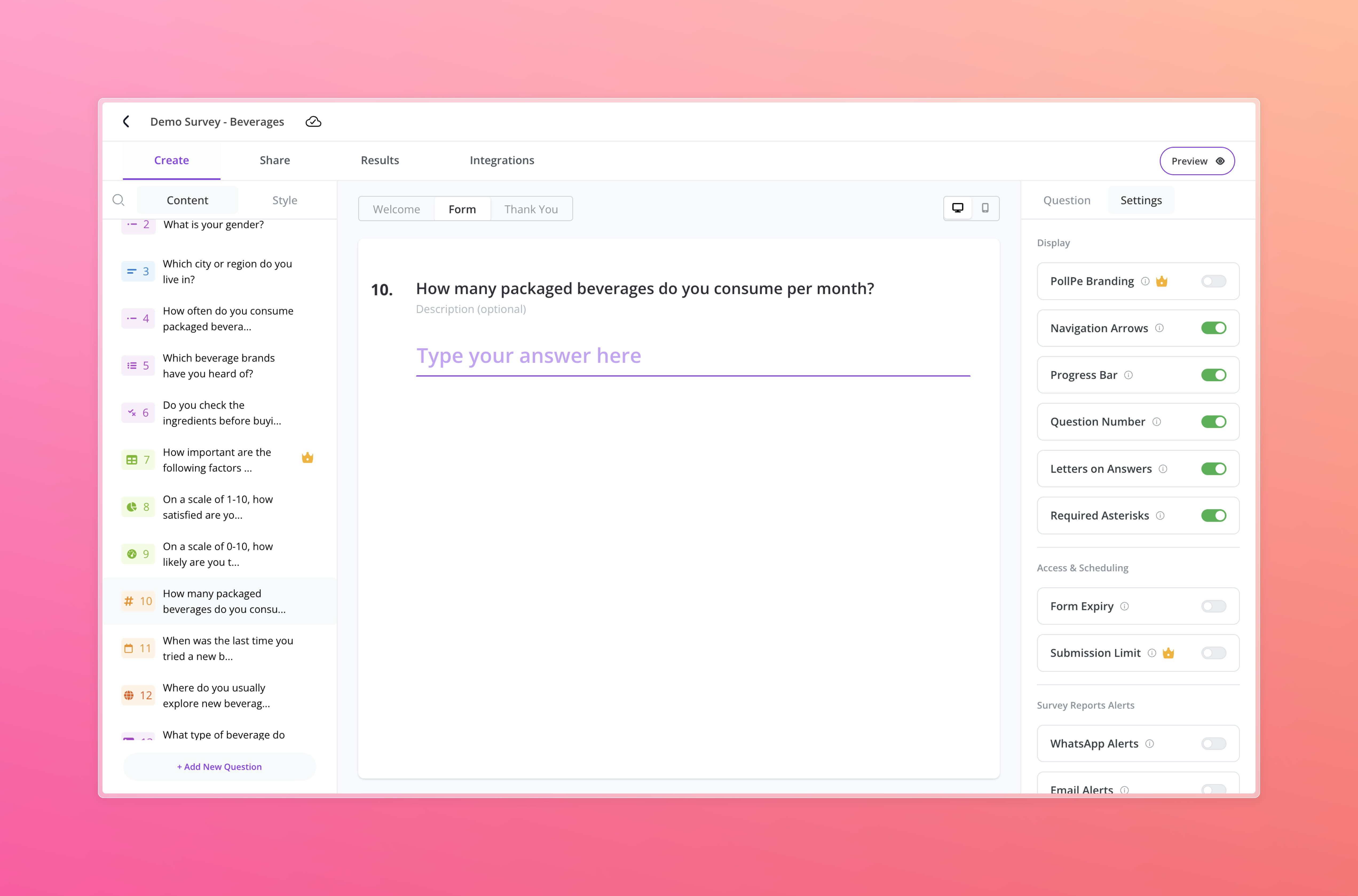 Survey Settings Builder View